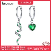 bamoer silver snake love earring real 925 sterling silver green heart cz hoop earrings for women wedding fine jewelry sce1006