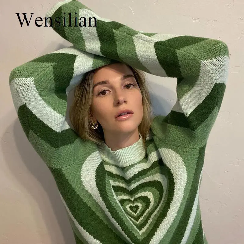 

Y2K Green Sweater Aesthetics Heart Striped Sweater Turtleneck Sweet Pullovers Knitted Crop Top Long Sleeve Harajuku 90s Knitwear