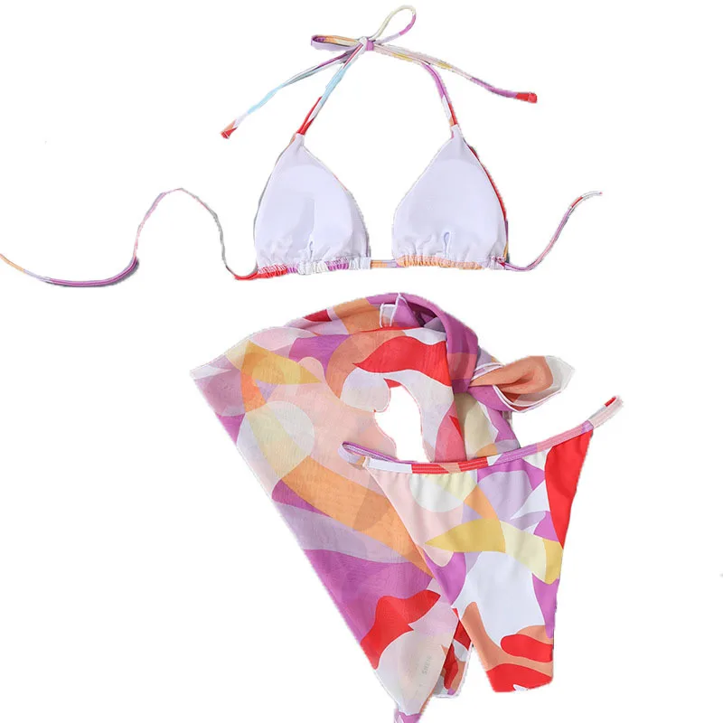 

2021 hot sale hot sale ladies swimsuit stitching color sexy backless bikini three-piece lace bikini suit