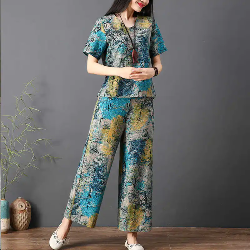 

ICCLEK JXMYYplus size women's imitation ice silk printing suit women's summer short-sleeved shirt wide-leg pants two-piece trend