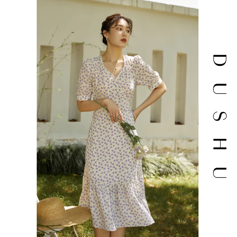 

DUSHU Office Lady Floral Dress Women's Summer 2021 New Lace-up French V-neck Boho Purple Sweet Style Long Dress