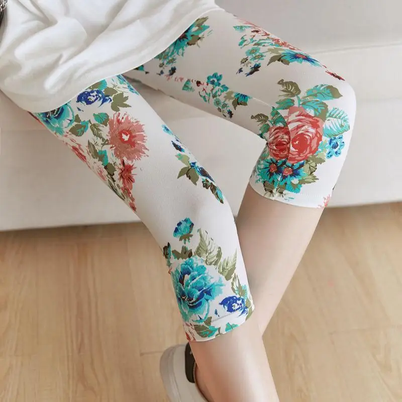 New summer leggings for women wear thin cropped trousers pants High stretch floral printed capris mid-calf length pants