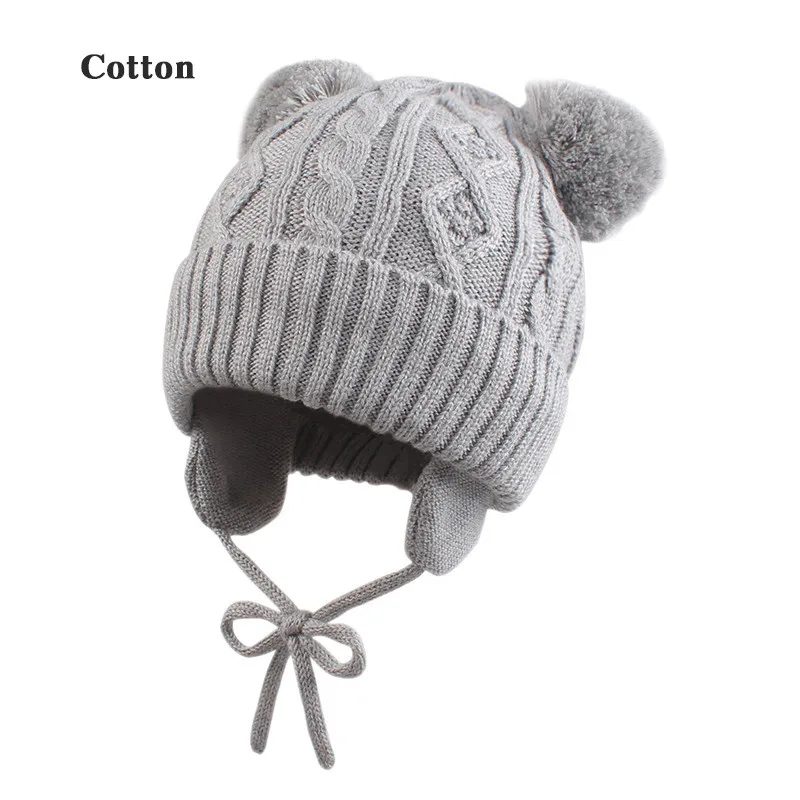 Solid Baby Earflap Hat Thicken Warm Toddler Kids Boys Girls Beanie Cap Infant Polyester Winter Pompom with Chinstrap Stay On | Детская