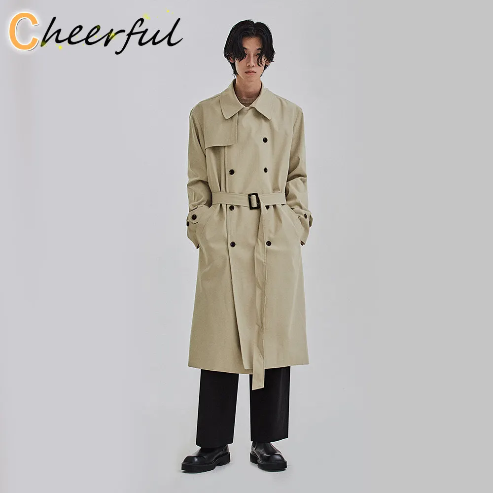 

Тренчкот мужской с поясом, Двубортный повседневный Свободный Классический плащ в Корейском стиле, пальто большого размера, весна-осень