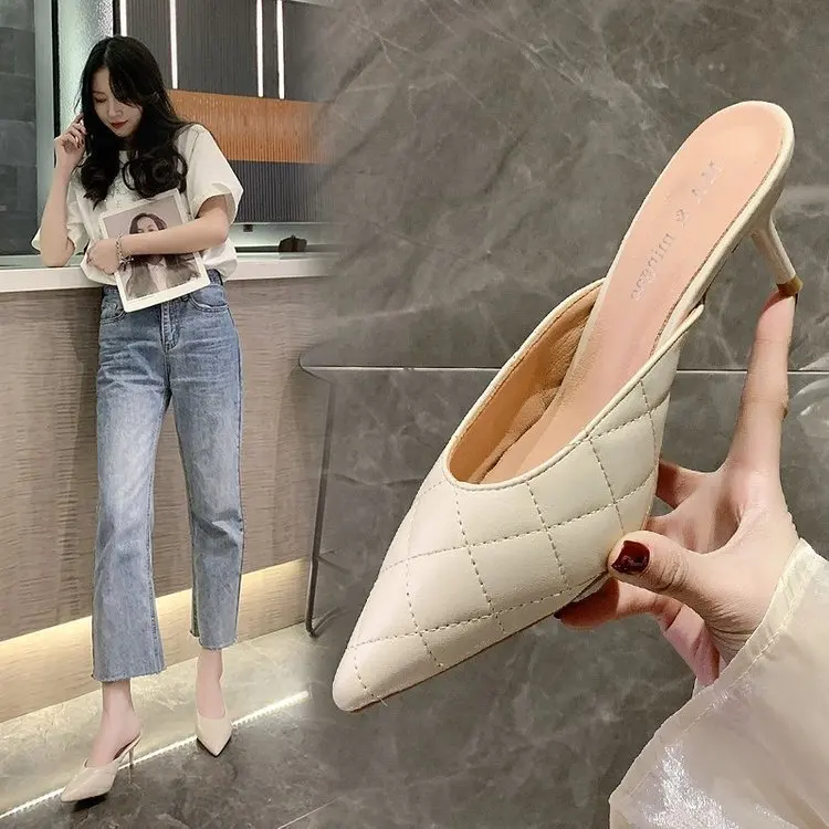 

Cover Toe Shoes Beige Heeled Sandals Woman's Slippers Slides Female Mule Black High 2021 Thin Mules Spring Solid Rubber PU Rome