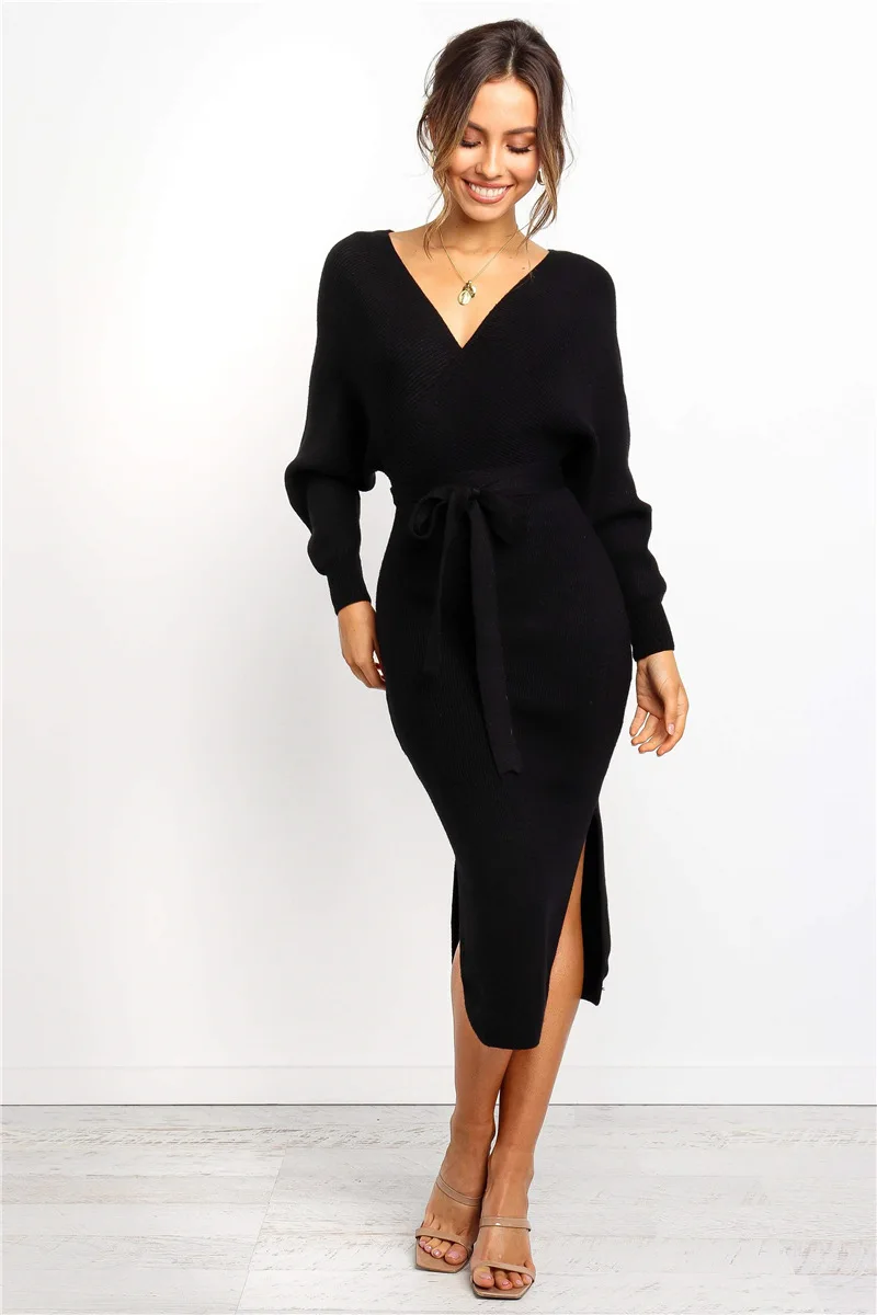 Длинное платье vestidos vestido Женское зимнее платье с длинным рукавом женское платье с v-образным вырезом трикотажные вечерние платья Длинные Сексуальные s m l xl