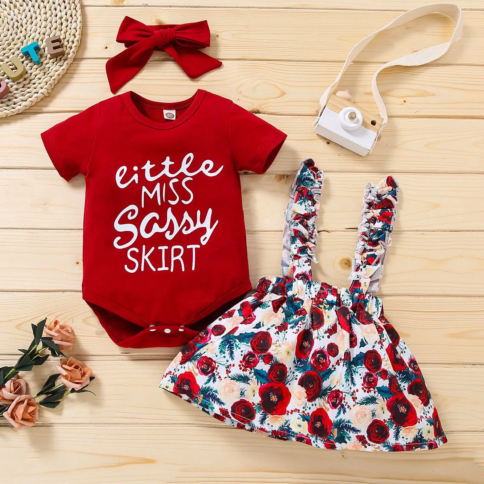 

Baby Girl Summer Set 2021 Fashion Letter Short Sleeve Romper + Printed Sling Skirt + Headwear 3PCS Girls Clothes