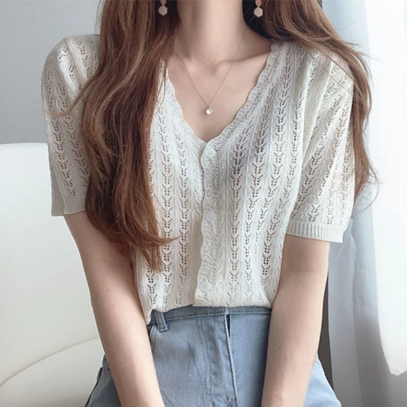 

2021 Summer New Korean Chic Hollow Thin V-Neck Net Red Shirt Short-Sleeved T-Shirt Ice Silk Sweater Women