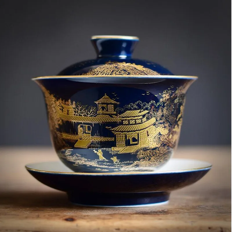 Чашка для чая Jingdezhen ручная роспись Золотая эмаль керамика чайная чаша Индиго