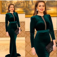 sevintage green cheap long sleeves velvet evening dress mermaid cut out sweep train prom gowns simple women party dresses