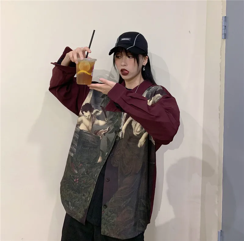 Ulzzang Женские топы и блузки bf принт ins уличная одежда Harajuku Стиль Осень blusas mujer de moda