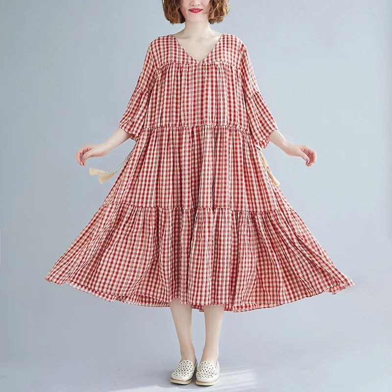Женское винтажное платье в клетку Johnature клетчатое платье-трапеция с V-образным