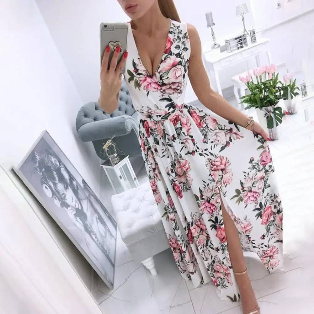 

Bohemian Women Long Dress Floral Print Sexy Deep V Neck Sleeveless Long Dress for Women Maxi Dress Beach Party Dress Vestidos