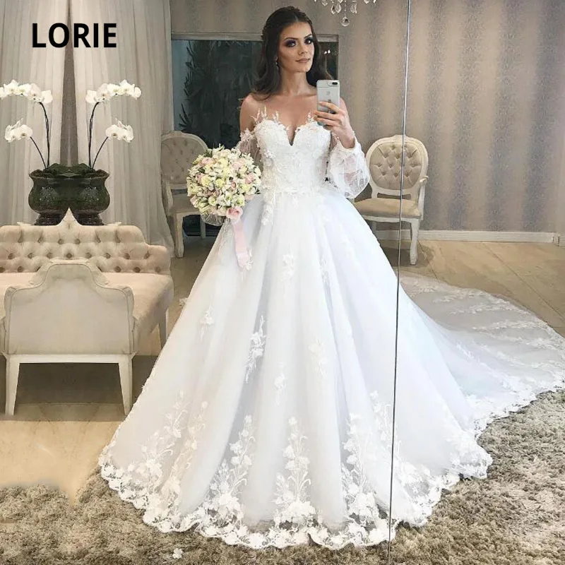 

LORIE Luxury Wedding Dresses 2021 O-Neck Appliques Lace Long Puff Sleeves A-Line Long Train Wedding Gown bridal dress 2021