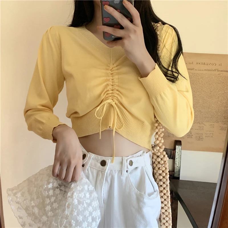 

Пуловер женский короткий однотонный с V-образным вырезом и длинным рукавом