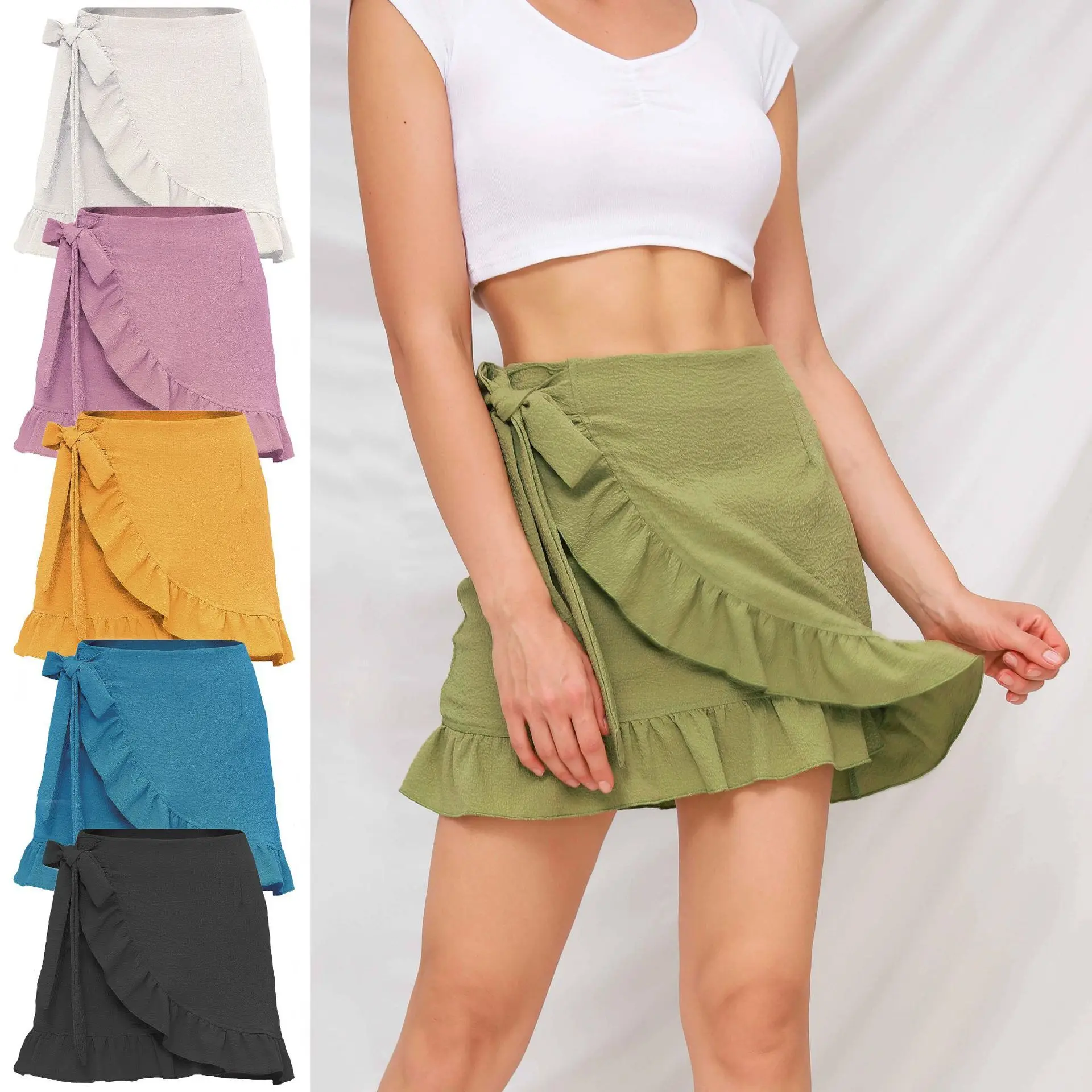 

2021 Color Ruffles Bandage Women Summer Mini Sexy Skirts Black Pink White Woman Skirts Korean Fashion Clothes Solid Short Skirt