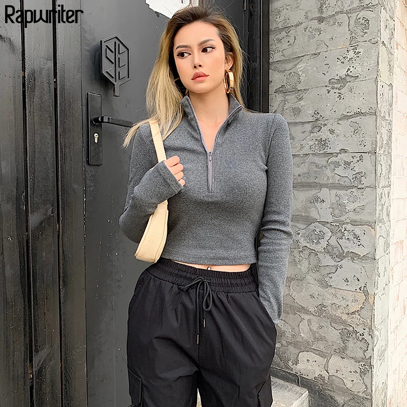 Повседневная однотонная трикотажная водолазка в рубчик Rapwriter на молнии осенняя