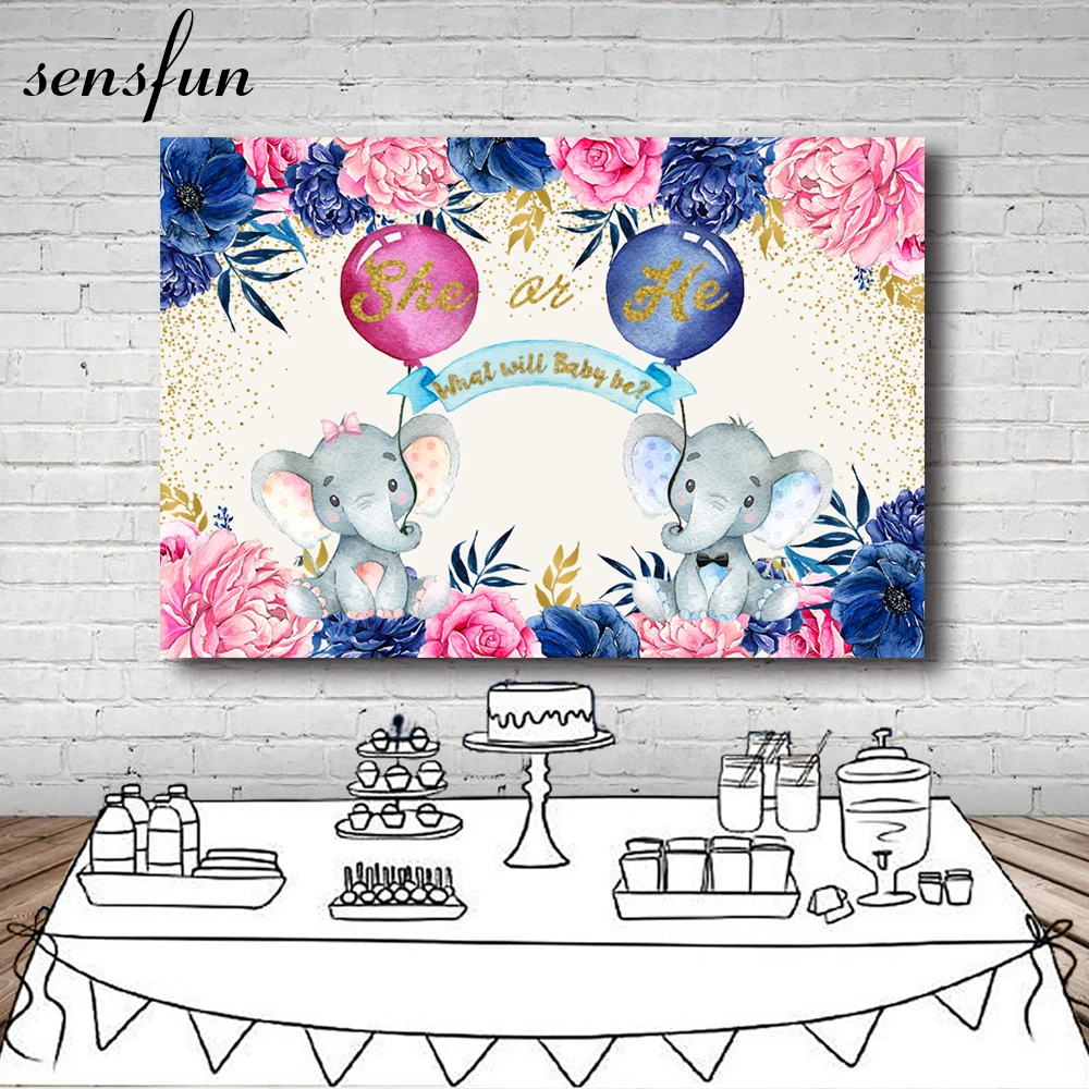 

Sensfun Photography Backgrounds Royal Blue Pink Flowers Elephant She Or He Boys Or Girls Gender Reveal Backdrop For Photo Studio