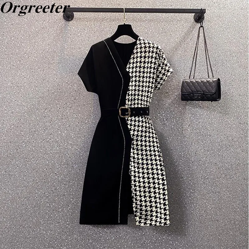 

Plus Size Clothing for Women Elegant Short Sleeve V-neck Houndstooth Patchwork Rhinestone Knee-length Dress Vestido Feminino