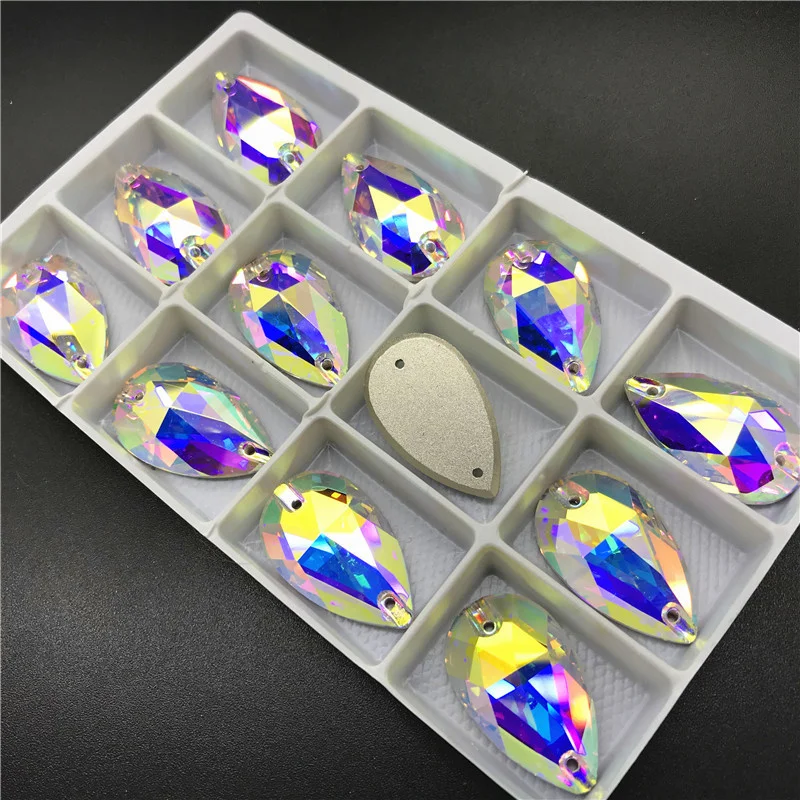 Хрустальные каплевидные камни K9 #3230 AB для пришивания с плоским основанием 7x12 11x18