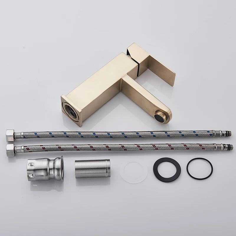 

Brushed Gold Basin Sink Faucet Single Lever Square Hot Cold Water Tap Deck Mounted Bathroom Vessel Sink Mixers One Hole