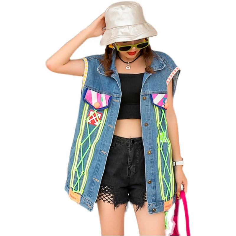 

Sleeveless Jeans Jacket Women Streetwear 2021 Summer Fashion Beading Back Cartoon Print Oversized Vest Outwear Zipper Coats