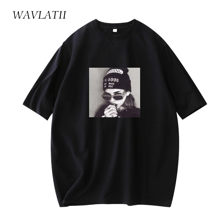 

WAVLATII Новинка; Сезон лето; Модная женская футболка женская 100% хлопок с коротким рукавом футболки для девочек; Цвет белый, черный; Уличная топы...
