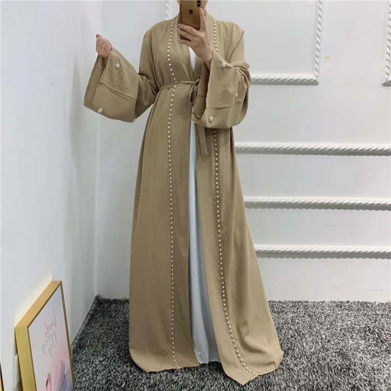 

Women Pearls Open Abaya Kimono Muslim Fashion Islamic Clothes Dubai Turkey Modern Modest Outfit Cardigan Hijab Robe Caftan