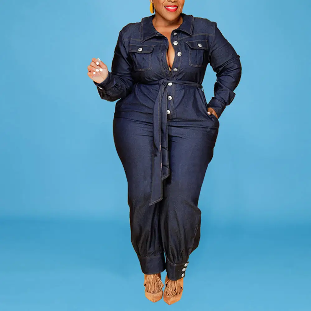 

Plus Size Long Sleeve Denim Jumpsuit Women Oversized Casual Loose Baggy Jeans Pants Female Autumn Large Size Overalls Romper