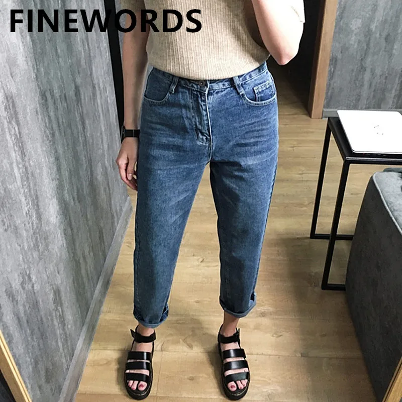 

FINEWORDS Korean Retro Blue High Waist Straight Jeans Women Loose Casual Boyfriend Jeans Streetwear Denim Pants Plus Size Jeans