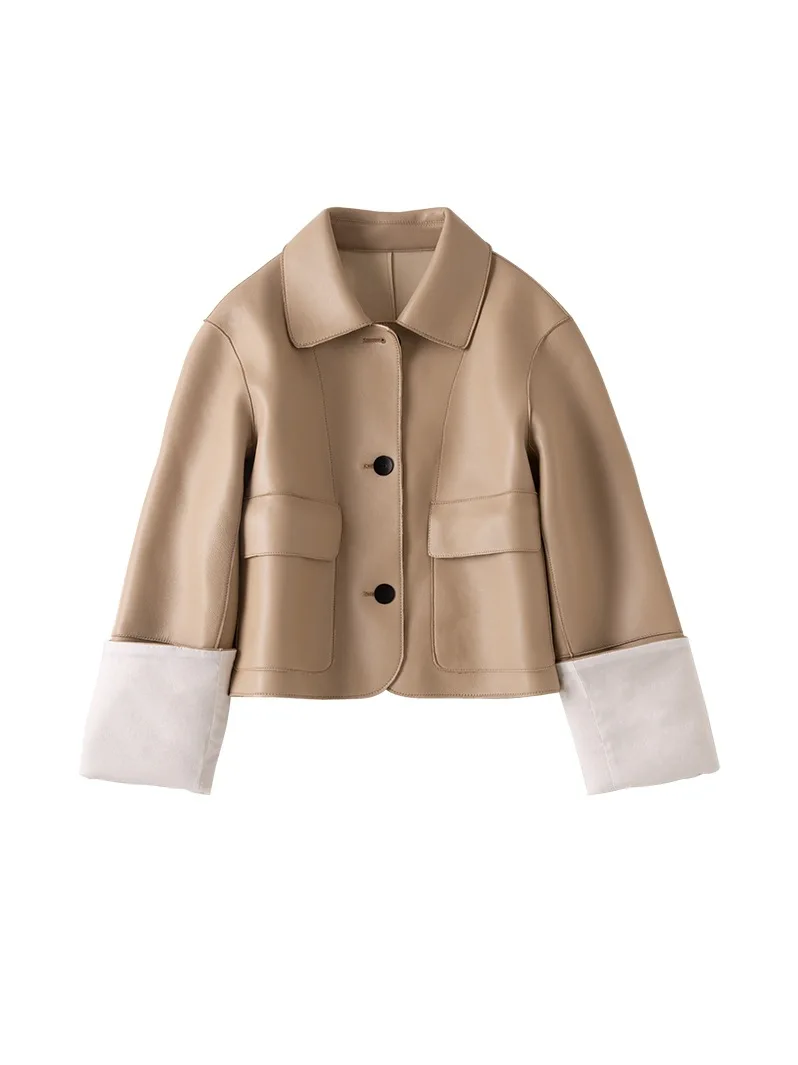 Sheepskin Jacket Women's Double Patch Pocket Spring and Autumn Genuine Leather Clothes Jacket Women's Short Style Fashion