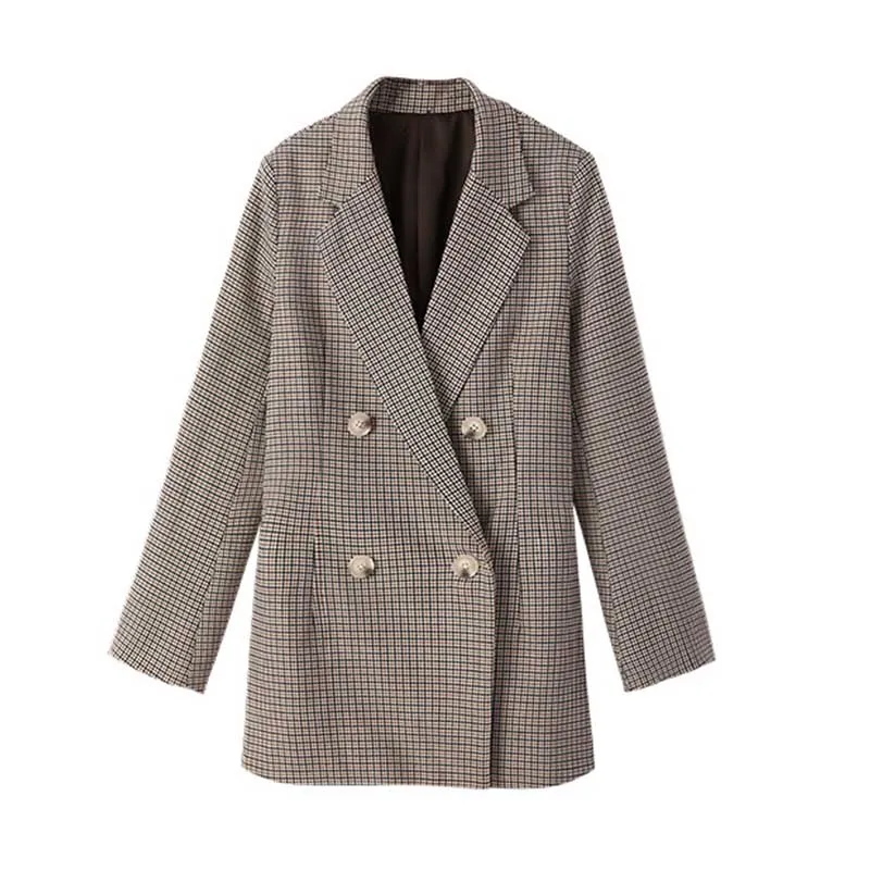 coat Пиджак 2 шт. набор винтажная двубортная офисная одежда клетчатый Блейзер Женский костюм набор Повседневный свободный длинный рукав женский пиджак - Цвет: coat