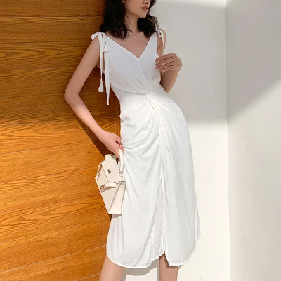 

Fashion Chiffon dress female summer New high-quality temperament seaside vacation white Leisure retro suspender dress women