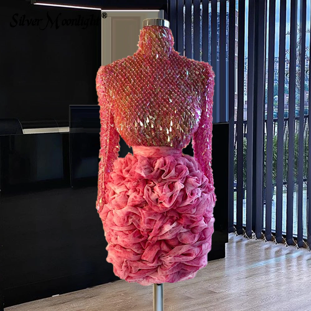 

Pink Short Party Dress High Neck Full Sequins Beading Prom Dresses Robe De Soirée De Mariage 2021 Beaded Organza Evening Gowns