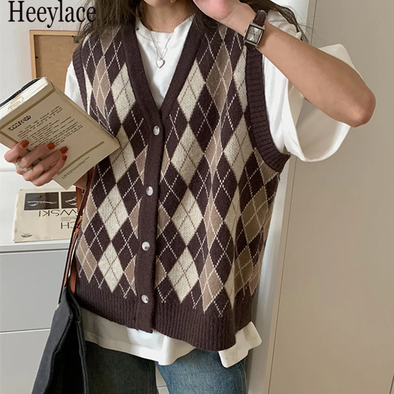 

2021 New Autumn Winter Women Sweaters V-Neck Sleeveless Oversized Retro Vest Checkered Waistcoat Lady Tops