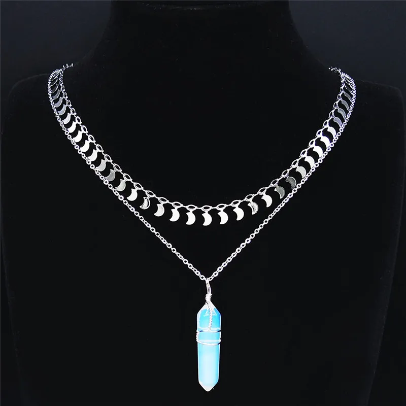 

2PCS Stainless Steel Moonstone Layered Necklace Witchcraft Moon Divination Hexagonal Prism Jewelry Pendentif Femme NZ35S04