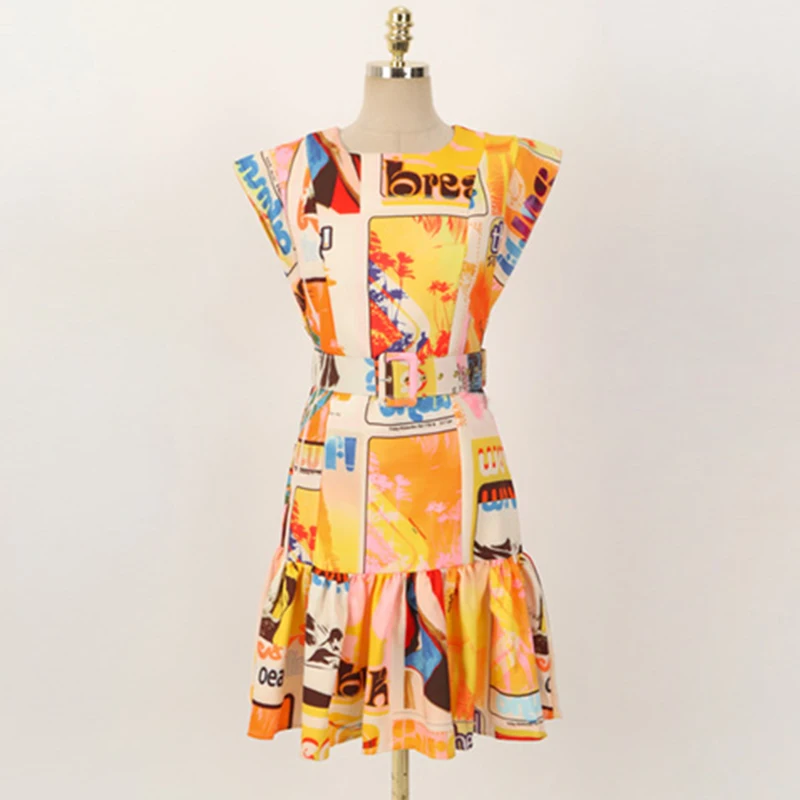 

Vintage Print Summer Dress Women O-Neck Sleeveless Luxury Mini Dress Office Lady Korean Party Dress with Belt Elegant C592