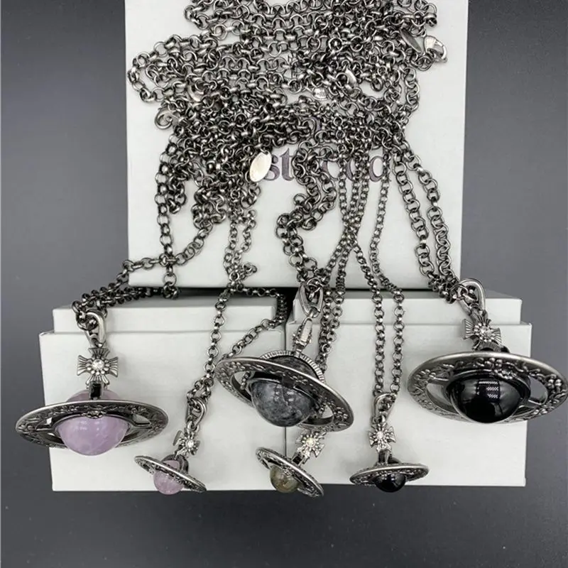 

Purple Crystal Pendant Saturn Necklace For Women Party Jewelry Antique Silver Color Flowers Pattern Fashion Girls New Year Gift