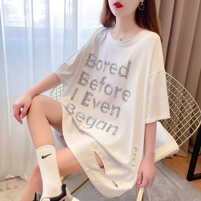 #0708 желтая черная белая женская футболка с блестками свободная уличная одежда в