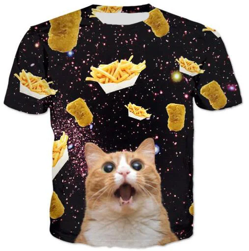 

Футболка с изображением кошачьей еды, пиццы, футболки с 3D принтом, футболка с рисунком здоровой еды, гамбургера, картошки фри, еды, хипстерск...