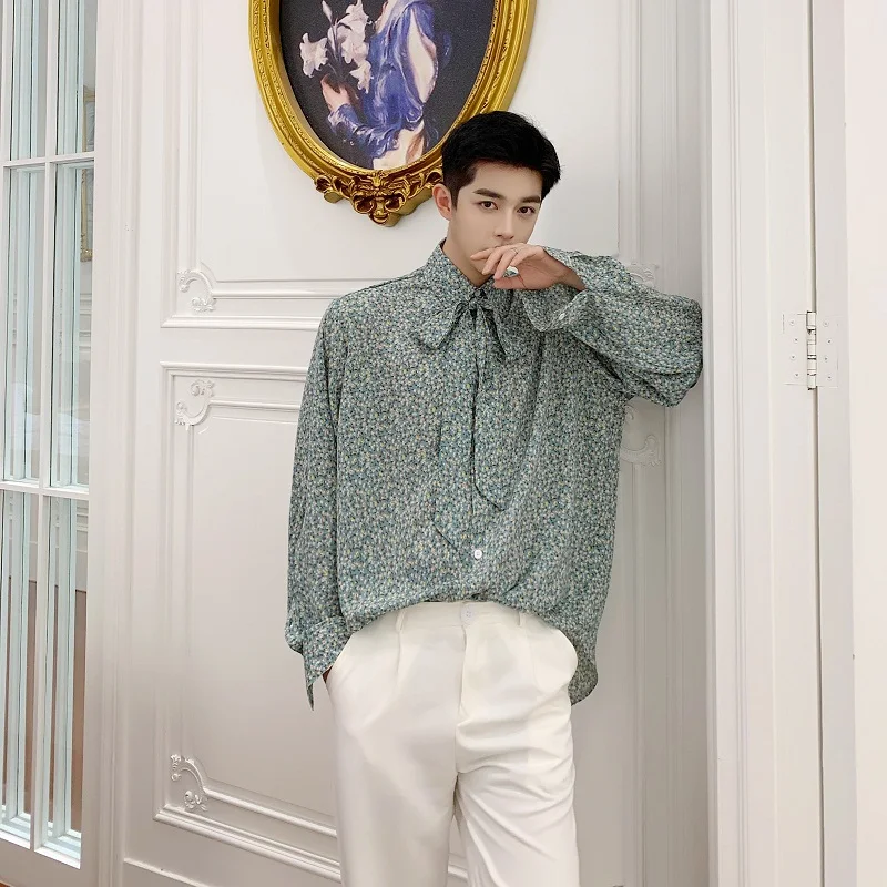 

M-XL Men Spring Style Print Casual Long Sleeve Shirts Male Tie Streetwear Vintage Loose Fashion Show Dress Shirts