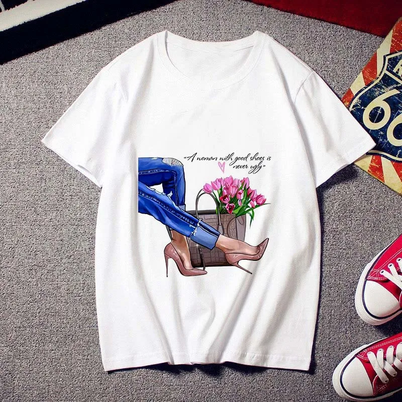 Модная женская футболка с принтом на высоком каблуке футболки топы одежда новая