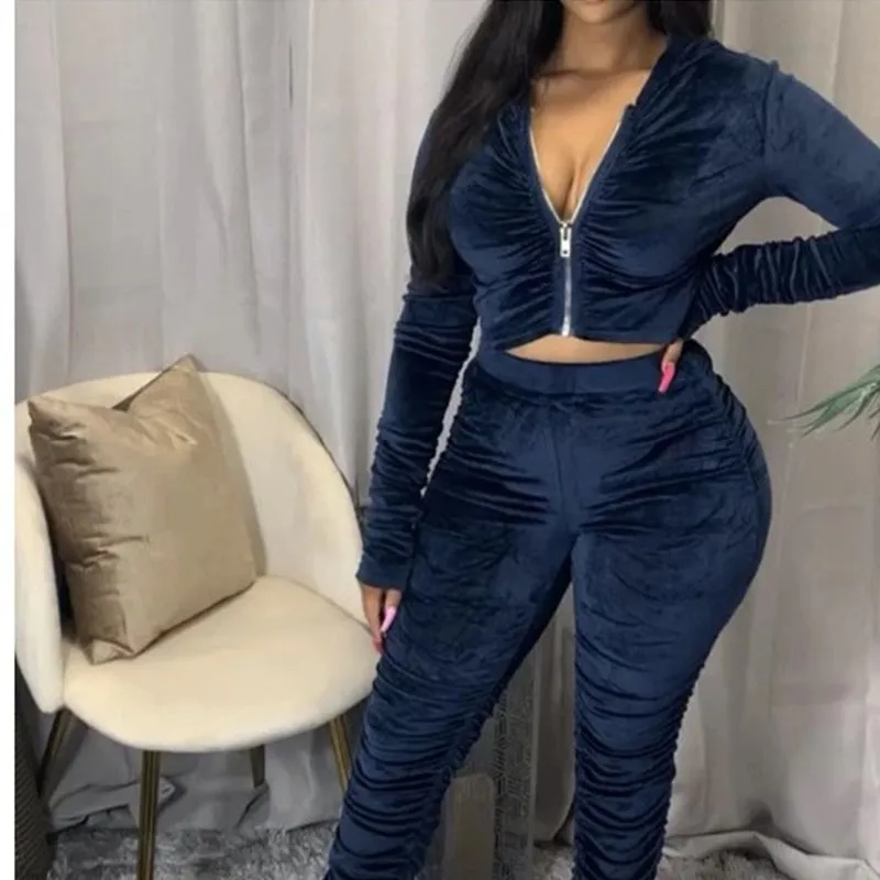 

Sexy V-neck Zipper Two-piece Irregularly Pleated Two-piece Women's Long Sleeve Top + Slim Pencil Pants Fall/winter Wear