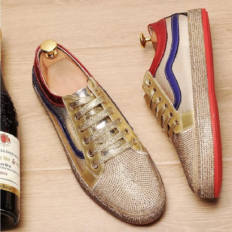 Мужские Блестящие модные кроссовки стразы из ПУ кожи со шнуровкой обувь для