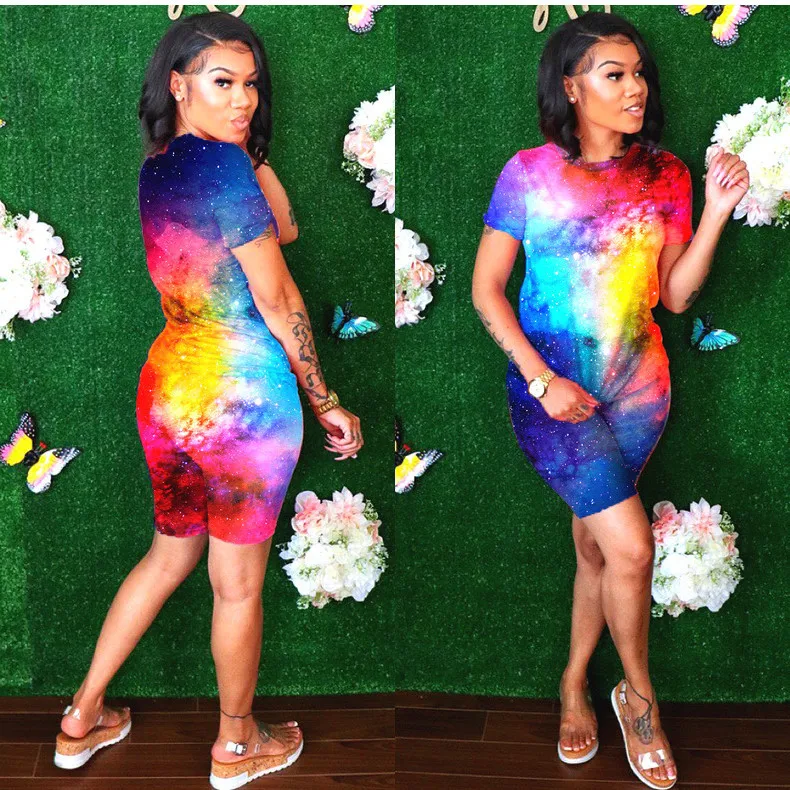 

hirigin New Women Sets Sports Suits Leopard Tie Dye Print 2Pieces Summer Short Sleeve Tops High Waist Biker Shorts Female Outfit