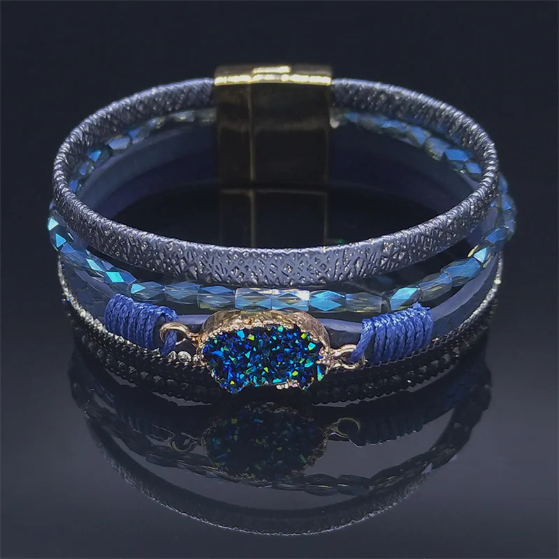 

2023 Bohemia Blue Crystal Width PU Charm Bracelet for Women Multiple Layer Chain Bracelets Jewelry pulsera feminina BXH813S04