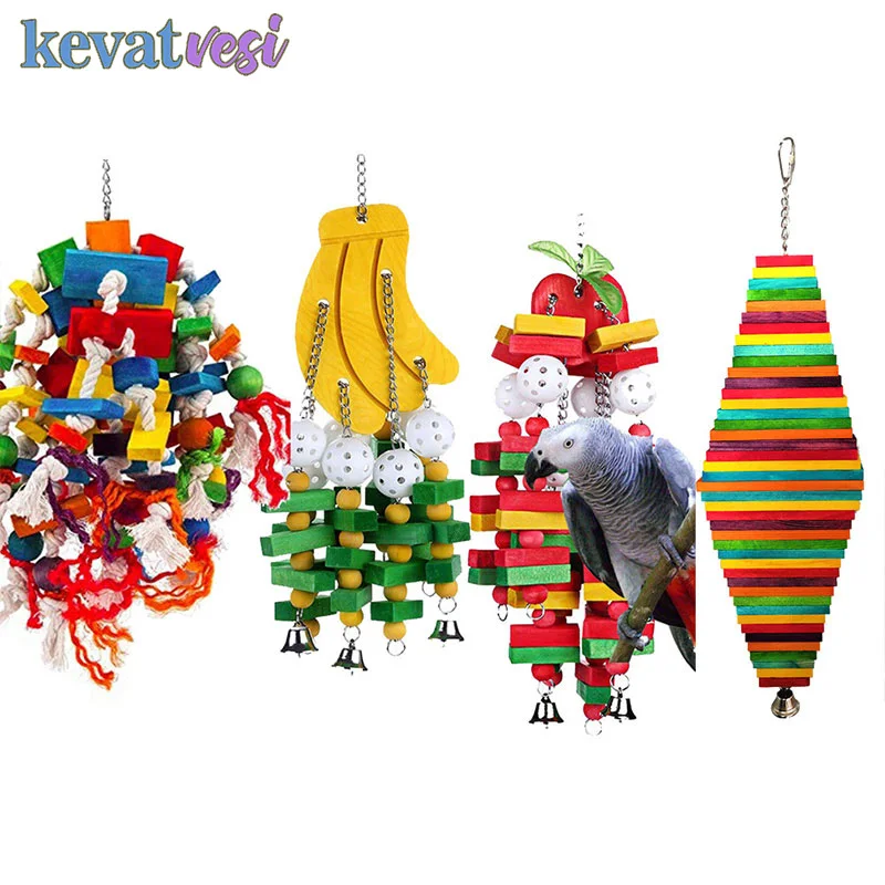 

Pet Parrot Toys Wooden Bird Swing Toys Parrot Macaw Standing Rack Chew Toys with Bells Hanging Toy Training Bird Accessories