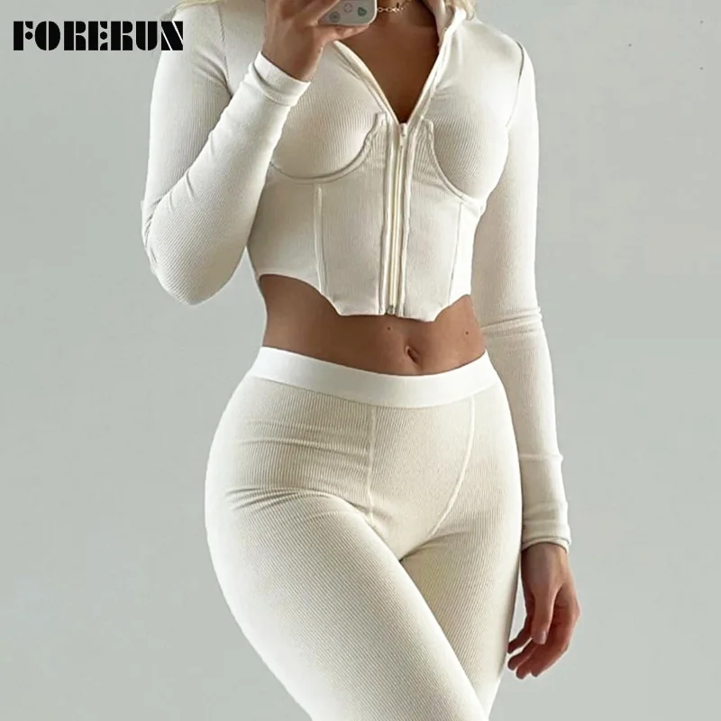 

Женский спортивный костюм FORERUN, однотонная Асимметричная толстовка с капюшоном и длинным рукавом, топы, облегающие брюки, осенняя одежда из ...