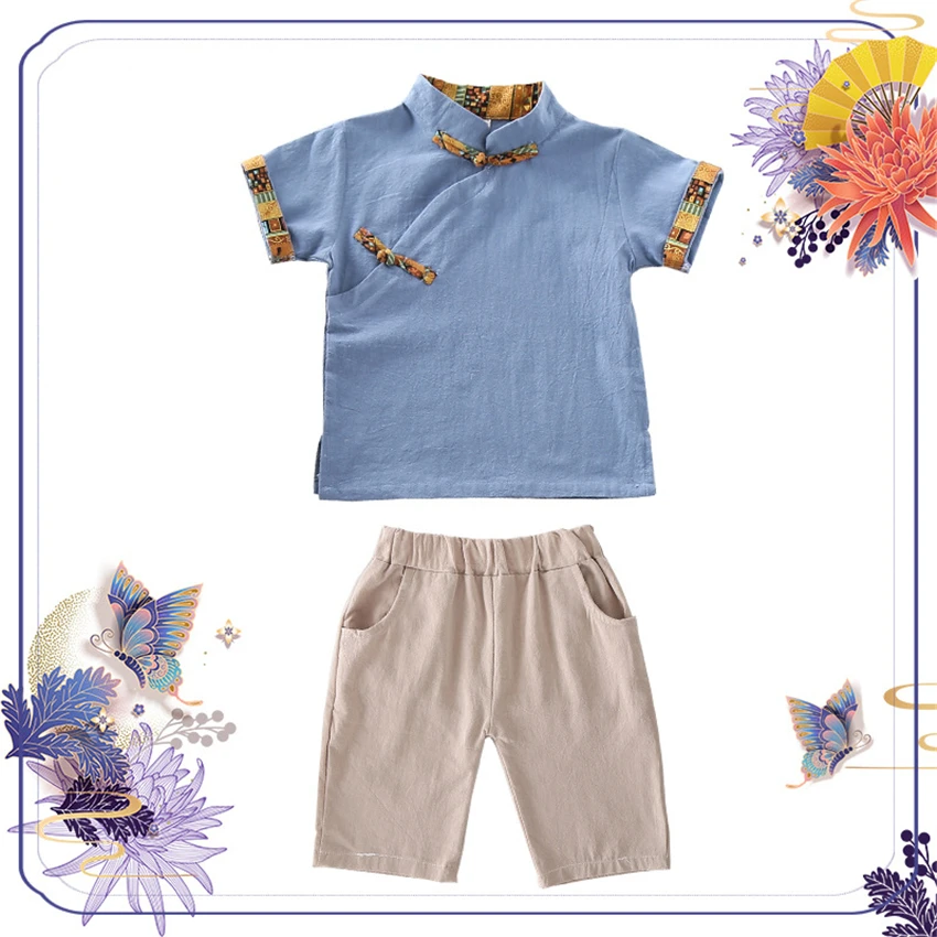 Традиционный китайский комплект одежды для детей льняные Летние повседневные
