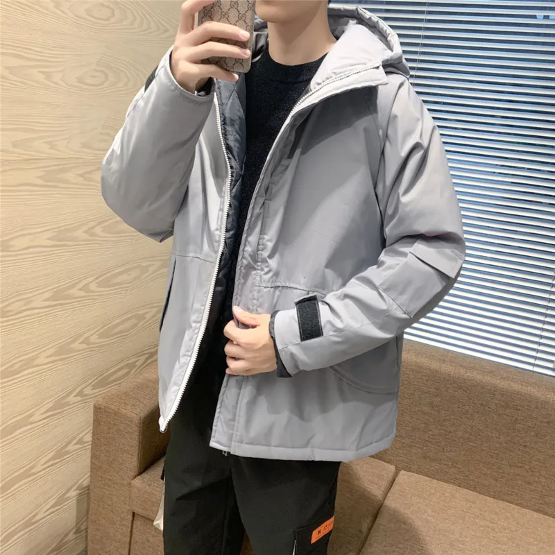 Зимнее короткое пальто Мужская теплая Толстая парка модная однотонная куртка с